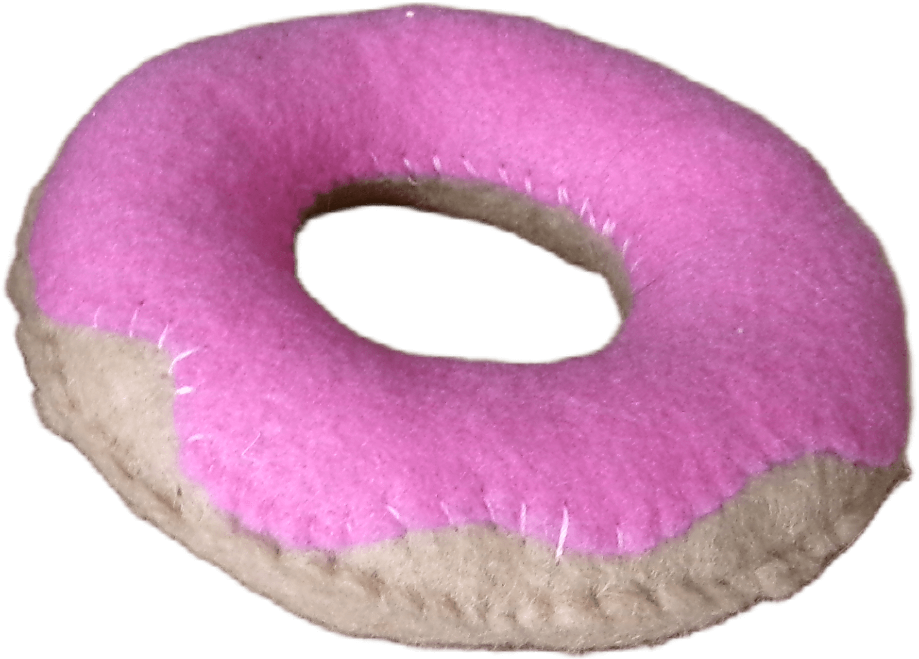 A pink donut made of sewn felt.