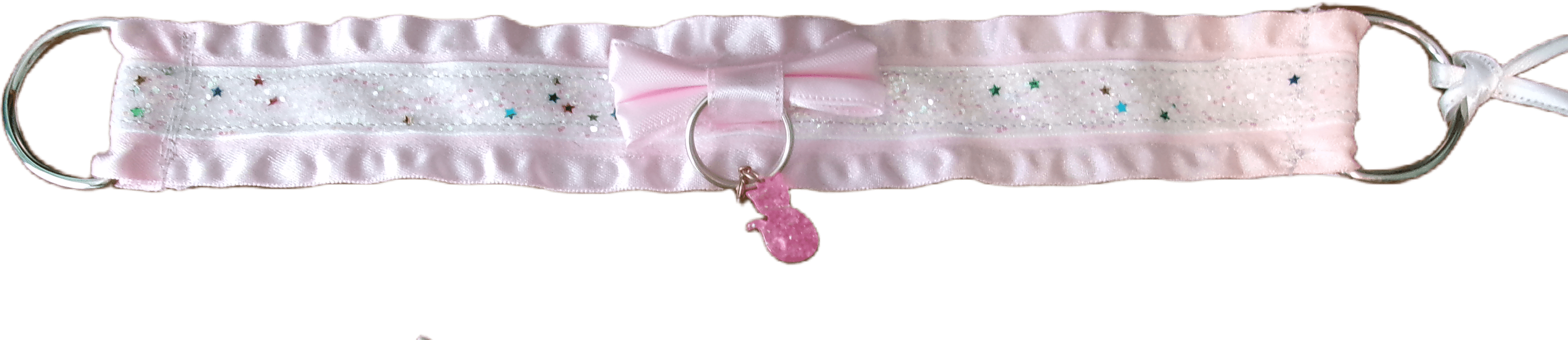 A choker made of pastel ribbon. It has a bow and a cat-shaped charm.