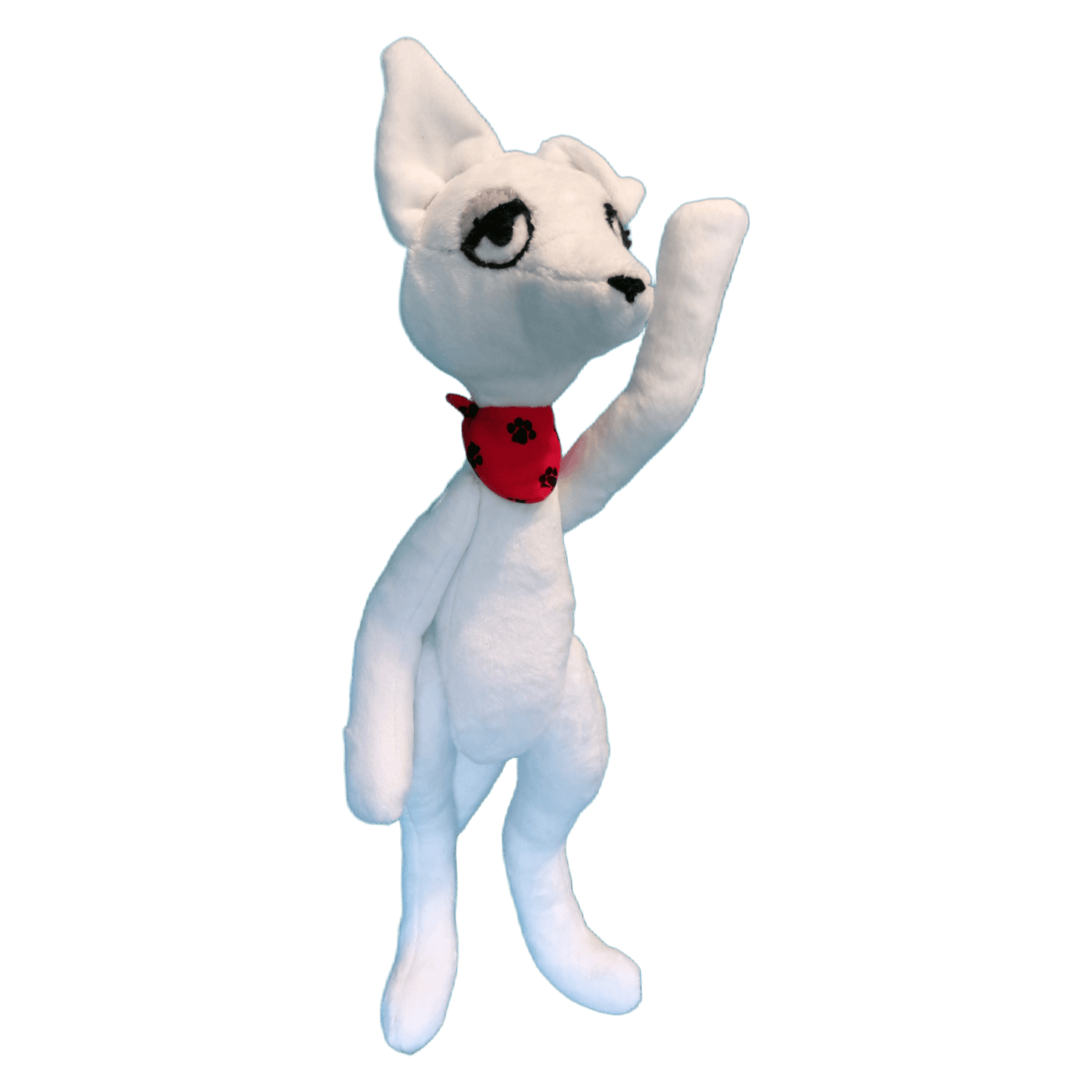 A white plush dog standing and waving. He is lanky and tall.