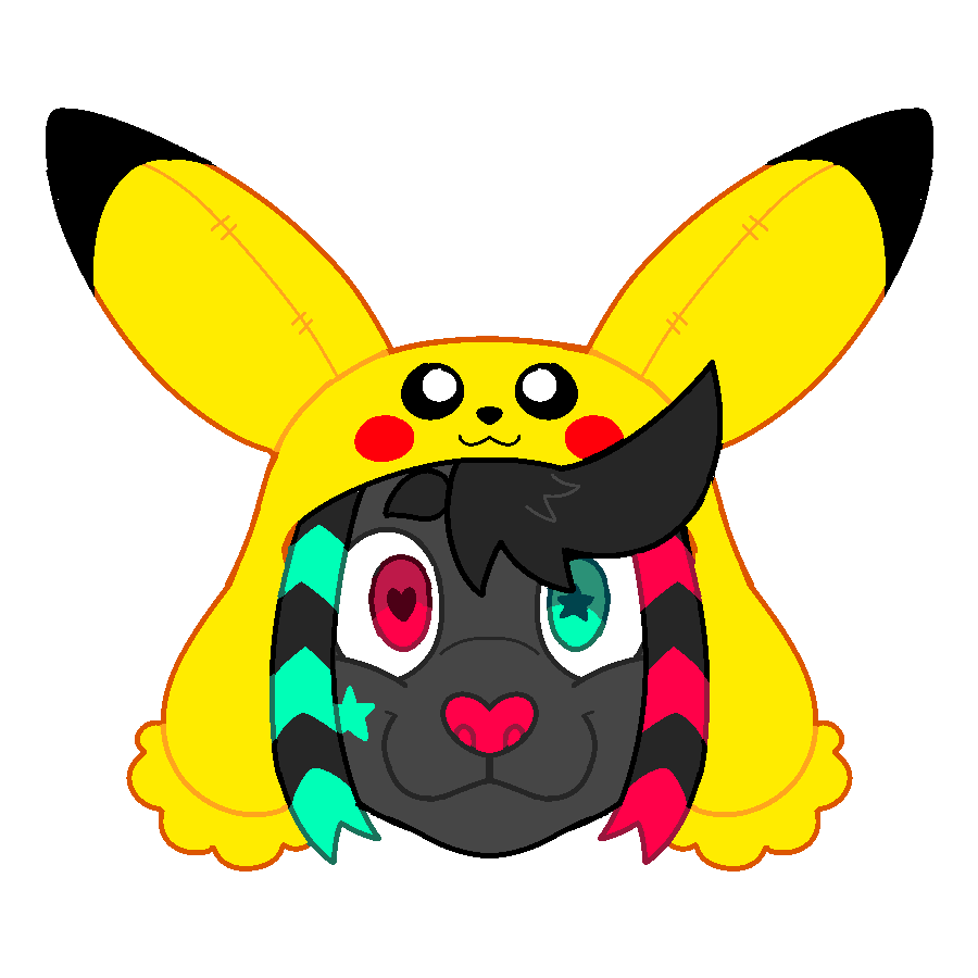 an Eevee with raccoon tail extensions and a Pikachu hat